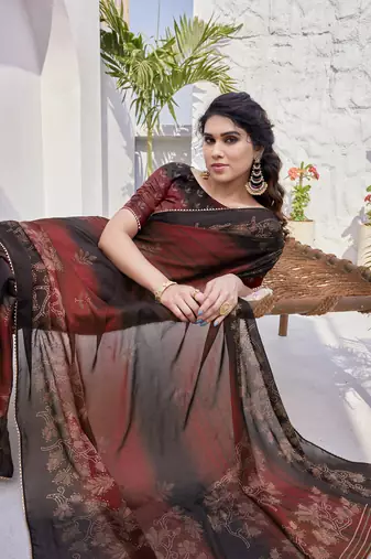 Maroon Chiffon Floral Print/Zari Work Printed/Gota Patti Lace Saree With Unstitched Blouse Piece