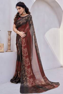 Maroon Chiffon Floral Print/Zari Work Printed/Gota Patti Lace Saree With Unstitched Blouse Piece 1