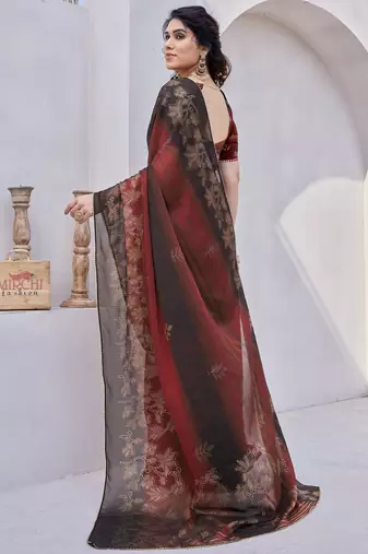 Maroon Chiffon Floral Print/Zari Work Printed/Gota Patti Lace Saree With Unstitched Blouse Piece