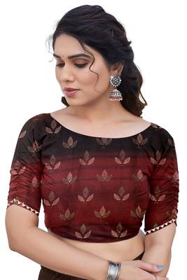 Maroon Chiffon Floral Print/Zari Work Printed/Gota Patti Lace Saree With Unstitched Blouse Piece 5