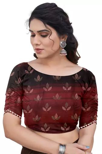 Maroon Chiffon Floral Print/Zari Work Printed/Gota Patti Lace Saree With Unstitched Blouse Piece
