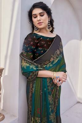 Mehandi Green Chiffon Floral Print/Zari Work Printed/Gota Patti Lace Saree With Unstitched Blouse Piece 1