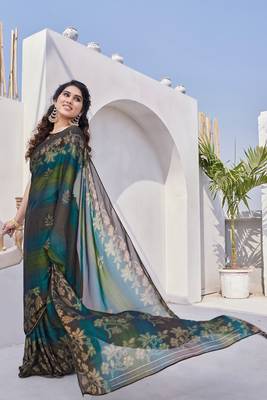 Mehandi Green Chiffon Floral Print/Zari Work Printed/Gota Patti Lace Saree With Unstitched Blouse Piece 2