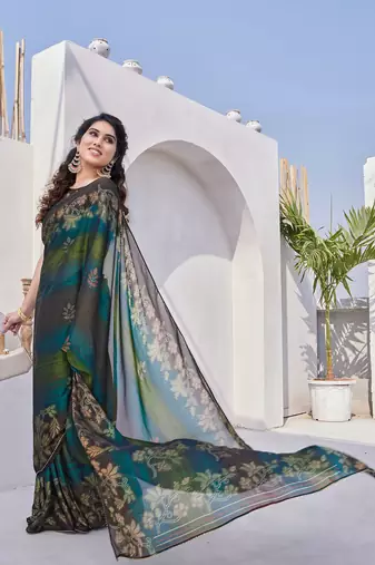 Mehandi Green Chiffon Floral Print/Zari Work Printed/Gota Patti Lace Saree With Unstitched Blouse Piece