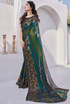 Mehandi Green Chiffon Floral Print/Zari Work Printed/Gota Patti Lace Saree With Unstitched Blouse Piece 3