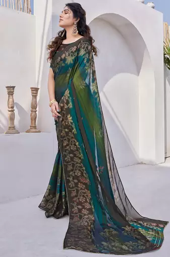 Mehandi Green Chiffon Floral Print/Zari Work Printed/Gota Patti Lace Saree With Unstitched Blouse Piece