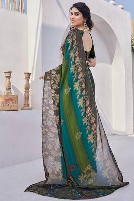 Mehandi Green Chiffon Floral Print/Zari Work Printed/Gota Patti Lace Saree With Unstitched Blouse Piece 4