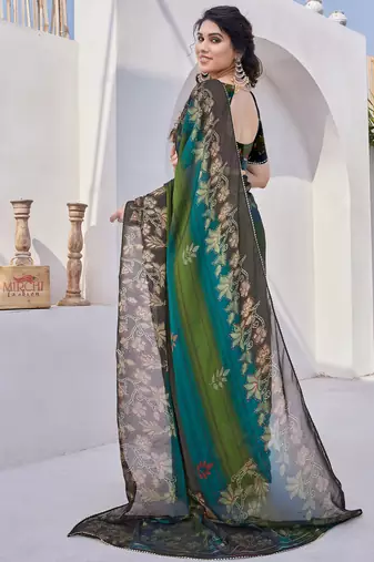 Mehandi Green Chiffon Floral Print/Zari Work Printed/Gota Patti Lace Saree With Unstitched Blouse Piece