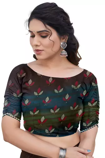 Mehandi Green Chiffon Floral Print/Zari Work Printed/Gota Patti Lace Saree With Unstitched Blouse Piece