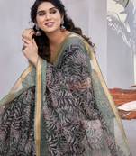 Dusty Pink Kota Doria/Polyester Leaf Print/Floral Print Golden Zari Border Saree With Unstitched Blouse Piece