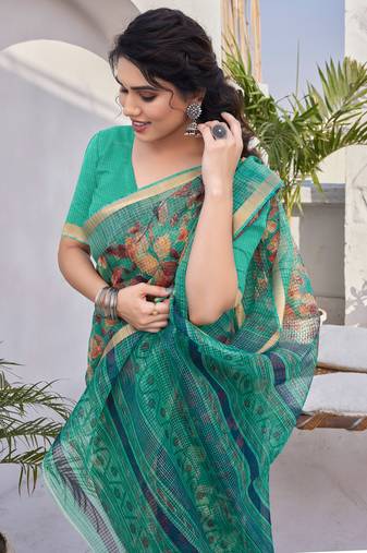 Teal kota doria/polyester leaf print/floral print golden zari border saree with unstitched blouse piece