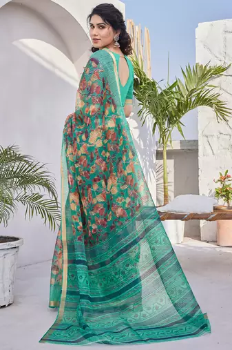 Teal kota doria/polyester leaf print/floral print golden zari border saree with unstitched blouse piece