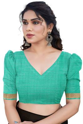 Teal kota doria/polyester leaf print/floral print golden zari border saree with unstitched blouse piece 5