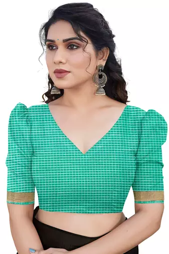 Teal kota doria/polyester leaf print/floral print golden zari border saree with unstitched blouse piece