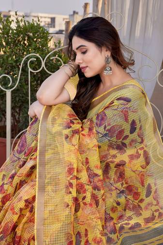 Yellow Kota Doria/Polyester Leaf Print/Floral Print Golden Zari Border Saree With Unstitched Blouse Piece
