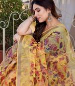 Yellow Kota Doria/Polyester Leaf Print/Floral Print Golden Zari Border Saree With Unstitched Blouse Piece