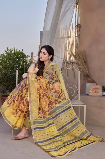 Yellow Kota Doria/Polyester Leaf Print/Floral Print Golden Zari Border Saree With Unstitched Blouse Piece
