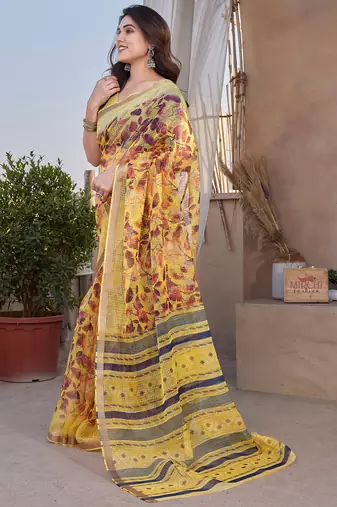 Yellow Kota Doria/Polyester Leaf Print/Floral Print Golden Zari Border Saree With Unstitched Blouse Piece