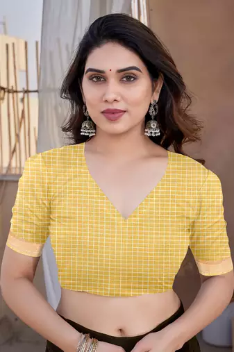 Yellow Kota Doria/Polyester Leaf Print/Floral Print Golden Zari Border Saree With Unstitched Blouse Piece