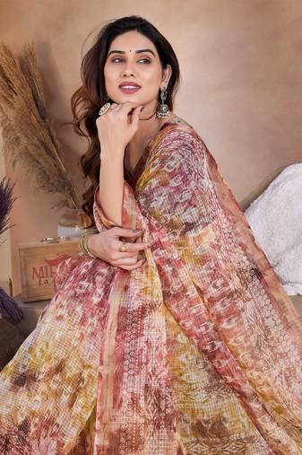 Mustard Kota Doria/Polyester Abstract Print Golden Zari Border Saree With Unstitched Blouse Piece
