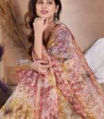 Mustard Kota Doria/Polyester Abstract Print Golden Zari Border Saree With Unstitched Blouse Piece