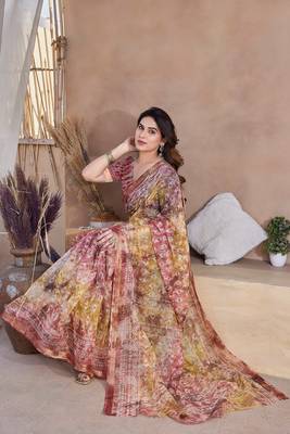 Mustard Kota Doria/Polyester Abstract Print Golden Zari Border Saree With Unstitched Blouse Piece 2