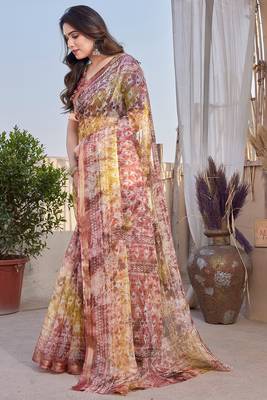 Mustard Kota Doria/Polyester Abstract Print Golden Zari Border Saree With Unstitched Blouse Piece 3