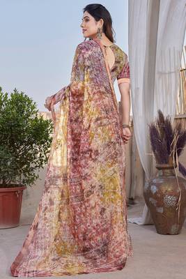 Mustard Kota Doria/Polyester Abstract Print Golden Zari Border Saree With Unstitched Blouse Piece 4