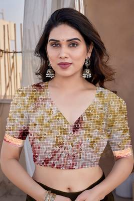 Mustard Kota Doria/Polyester Abstract Print Golden Zari Border Saree With Unstitched Blouse Piece 5