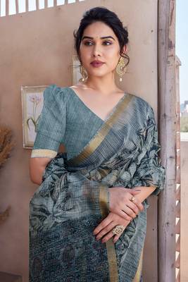 Greyish Blue Kota Doria/Polyester Leaf Print/Floral Print Golden Zari Border Saree With Unstitched Blouse Piece 1