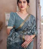 Greyish Blue Kota Doria/Polyester Leaf Print/Floral Print Golden Zari Border Saree With Unstitched Blouse Piece