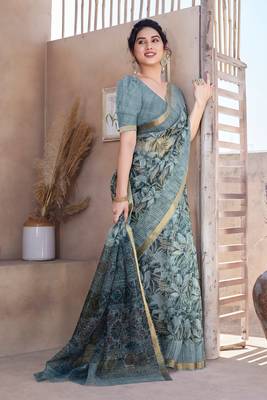 Greyish Blue Kota Doria/Polyester Leaf Print/Floral Print Golden Zari Border Saree With Unstitched Blouse Piece 2