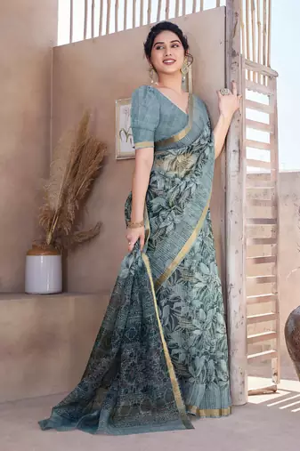 Greyish Blue Kota Doria/Polyester Leaf Print/Floral Print Golden Zari Border Saree With Unstitched Blouse Piece