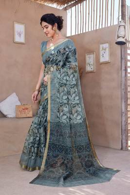 Greyish Blue Kota Doria/Polyester Leaf Print/Floral Print Golden Zari Border Saree With Unstitched Blouse Piece 3