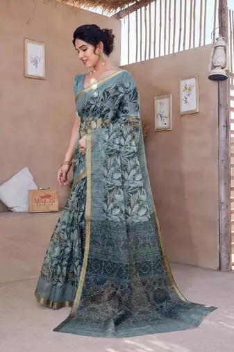 Greyish Blue Kota Doria/Polyester Leaf Print/Floral Print Golden Zari Border Saree With Unstitched Blouse Piece