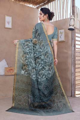 Greyish Blue Kota Doria/Polyester Leaf Print/Floral Print Golden Zari Border Saree With Unstitched Blouse Piece 4