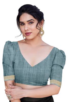 Greyish Blue Kota Doria/Polyester Leaf Print/Floral Print Golden Zari Border Saree With Unstitched Blouse Piece 5