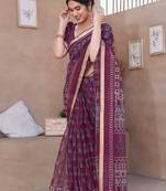 Wine kota doria/polyester paisley print/block print golden zari border saree with unstitched blouse piece