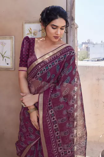 Wine kota doria/polyester paisley print/block print golden zari border saree with unstitched blouse piece