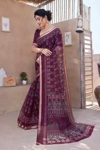 Wine kota doria/polyester paisley print/block print golden zari border saree with unstitched blouse piece