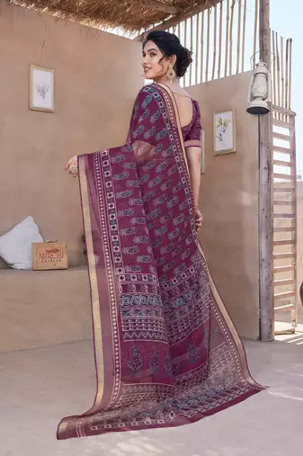 Wine kota doria/polyester paisley print/block print golden zari border saree with unstitched blouse piece