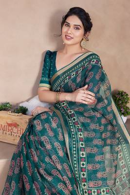 Teal Kota Doria/Polyester Paisley Print/Block Print Golden Zari Border Saree With Unstitched Blouse Piece 1
