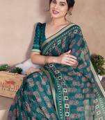 Teal Kota Doria/Polyester Paisley Print/Block Print Golden Zari Border Saree With Unstitched Blouse Piece