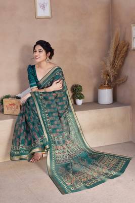 Teal Kota Doria/Polyester Paisley Print/Block Print Golden Zari Border Saree With Unstitched Blouse Piece 2
