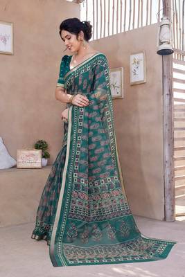 Teal Kota Doria/Polyester Paisley Print/Block Print Golden Zari Border Saree With Unstitched Blouse Piece 3