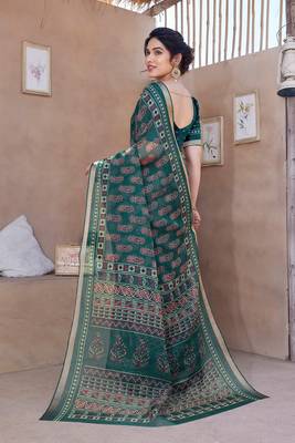 Teal Kota Doria/Polyester Paisley Print/Block Print Golden Zari Border Saree With Unstitched Blouse Piece 4