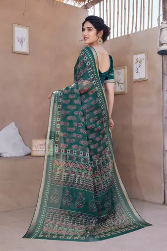 Teal Kota Doria/Polyester Paisley Print/Block Print Golden Zari Border Saree With Unstitched Blouse Piece