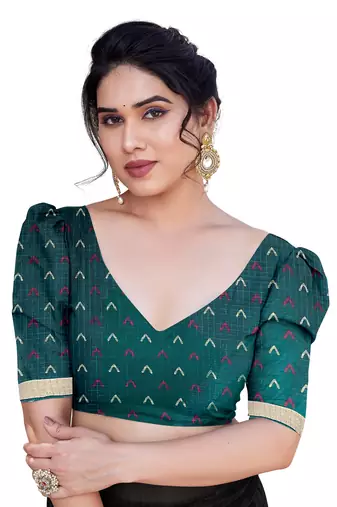 Teal Kota Doria/Polyester Paisley Print/Block Print Golden Zari Border Saree With Unstitched Blouse Piece