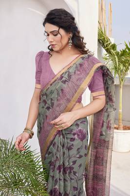 Dusty green kota doria/polyester floral print golden zari border saree with unstitched blouse piece 1