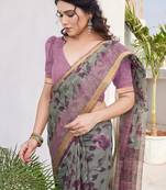 Dusty green kota doria/polyester floral print golden zari border saree with unstitched blouse piece